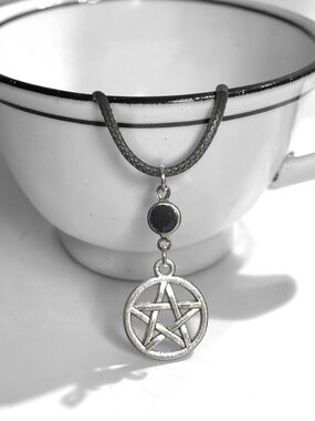 5 For $25💫Silver Pentagram Pendant Necklace with Black Acrylic Gem Accent